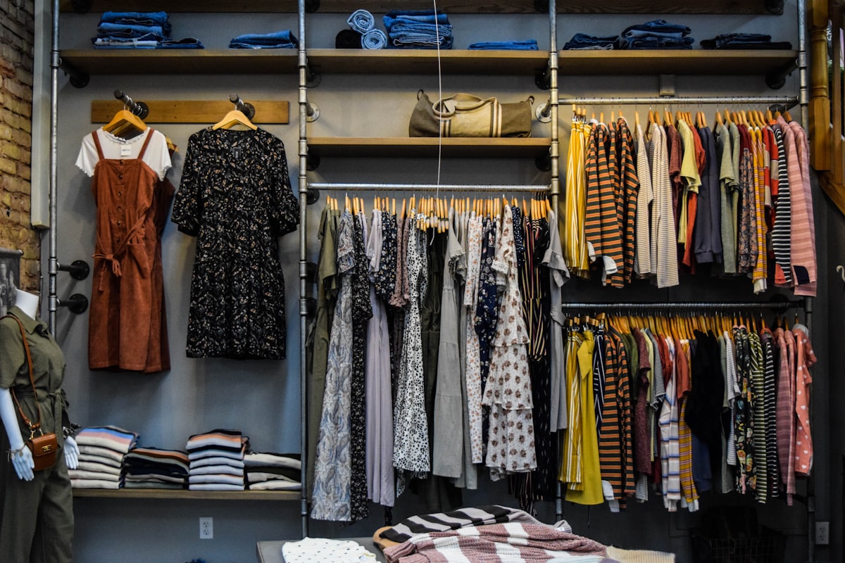 Clothing displayed on a boutique shop floor