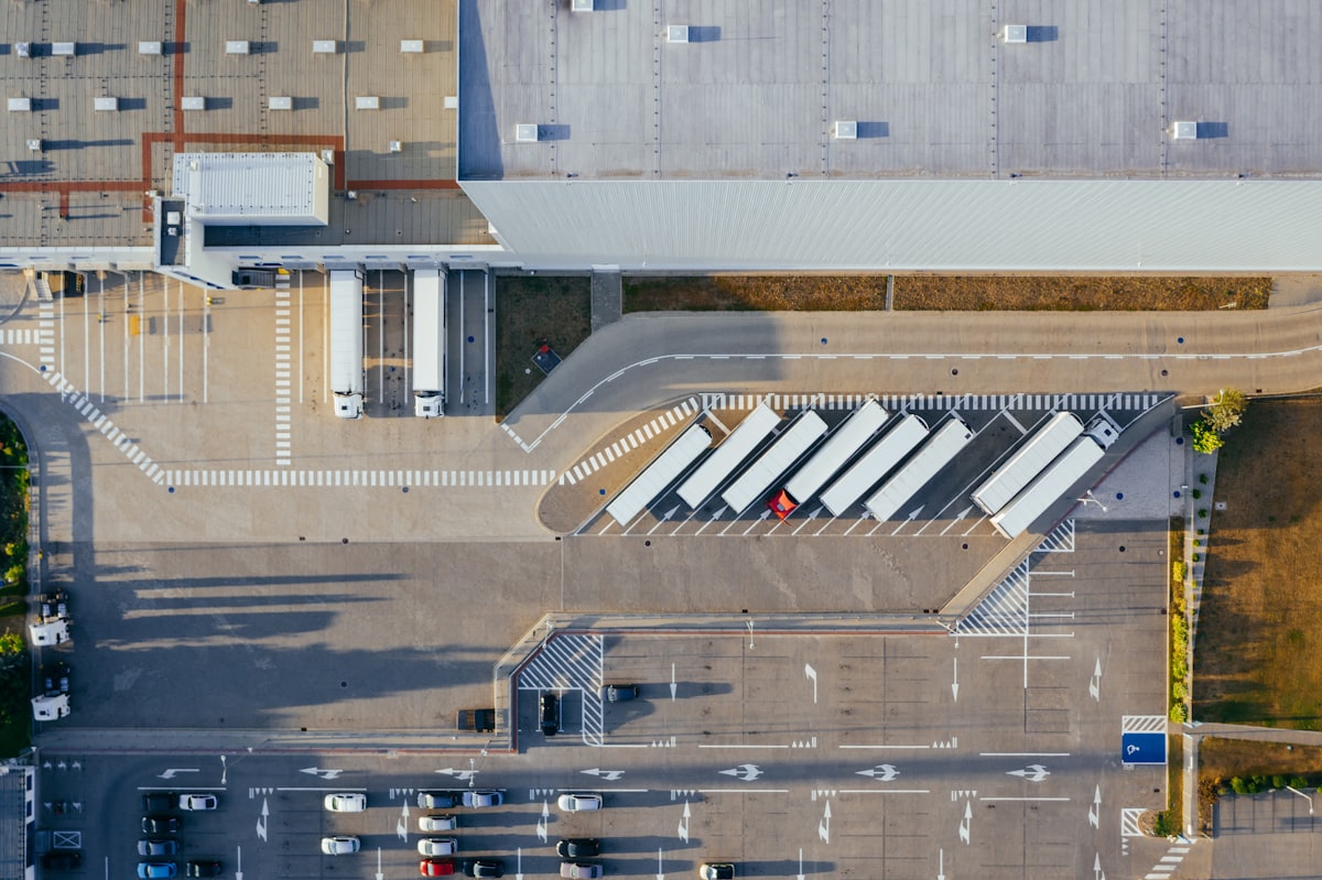 Aerial view of a distribution centre with loading bays